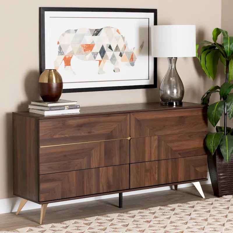 Mid-Century Modern Transitional Walnut Brown Finished Wood 6-Drawer Dresser