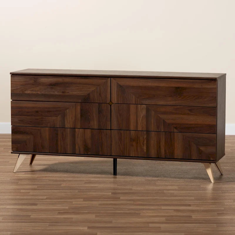 Mid-Century Modern Transitional Walnut Brown Finished Wood 6-Drawer Dresser