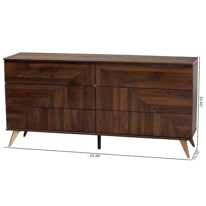 Mid-Century Modern Transitional Walnut Brown Finished Wood 6-Drawer Dresser