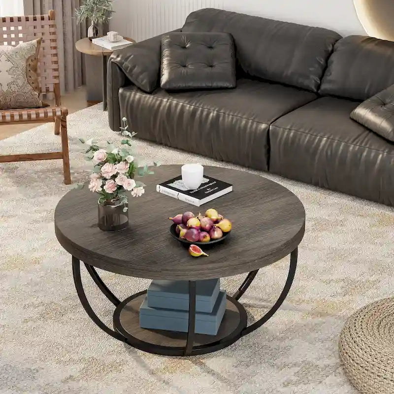 31.7 Round Coffee Table, Rustic 2-Tier Center Table with Storage Open Shelves