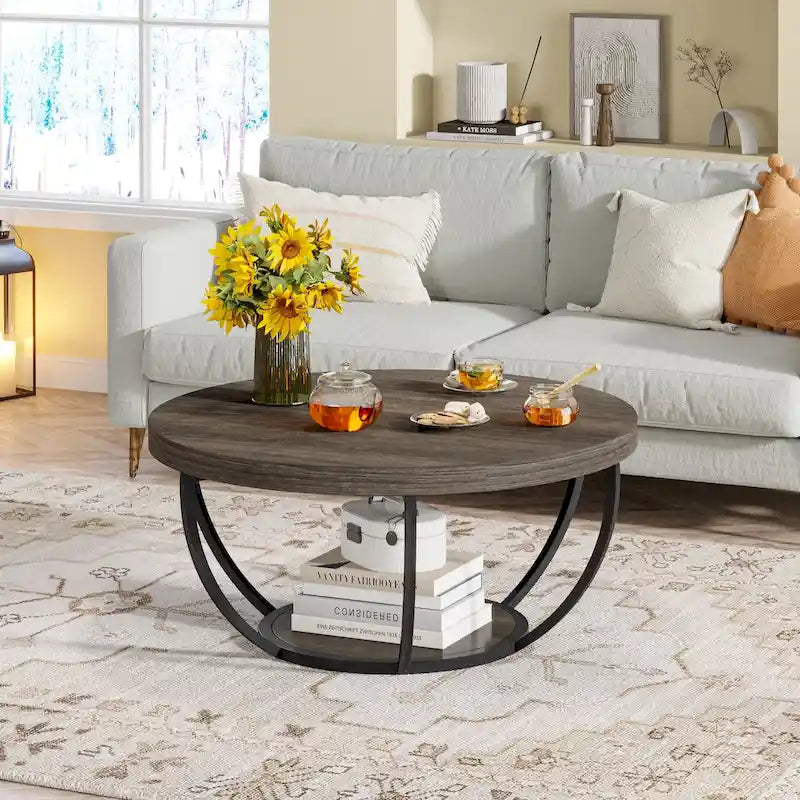 31.7 Round Coffee Table, Rustic 2-Tier Center Table with Storage Open Shelves