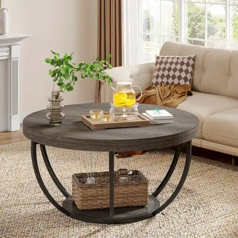 31.7 Round Coffee Table, Rustic 2-Tier Center Table with Storage Open Shelves