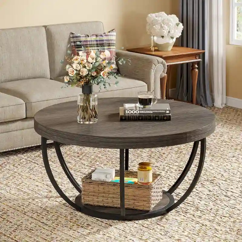 31.7 Round Coffee Table, Rustic 2-Tier Center Table with Storage Open Shelves