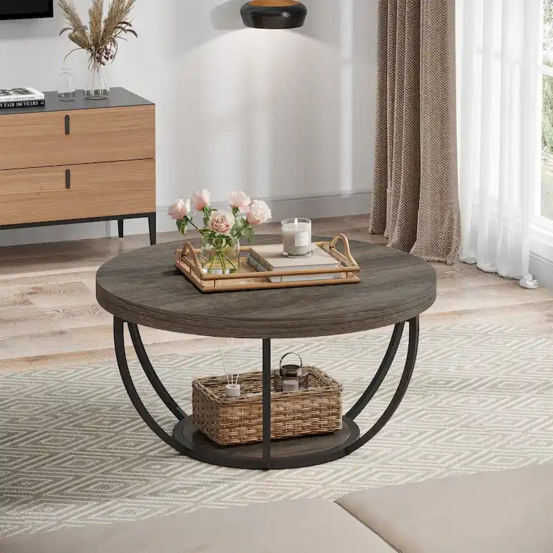 31.7 Round Coffee Table, Rustic 2-Tier Center Table with Storage Open Shelves