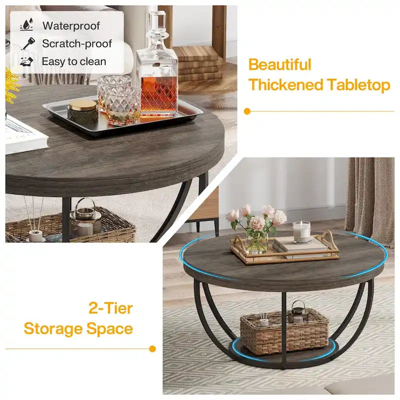 31.7 Round Coffee Table, Rustic 2-Tier Center Table with Storage Open Shelves