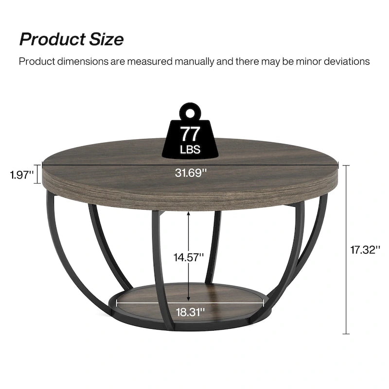 31.7 Round Coffee Table, Rustic 2-Tier Center Table with Storage Open Shelves