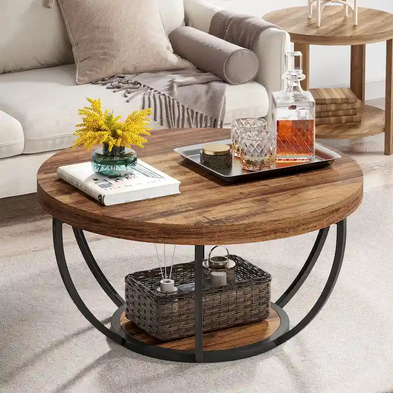 31.7 Round Coffee Table, Rustic 2-Tier Center Table with Storage Open Shelves
