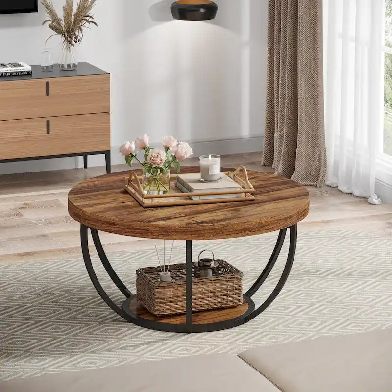 31.7 Round Coffee Table, Rustic 2-Tier Center Table with Storage Open Shelves