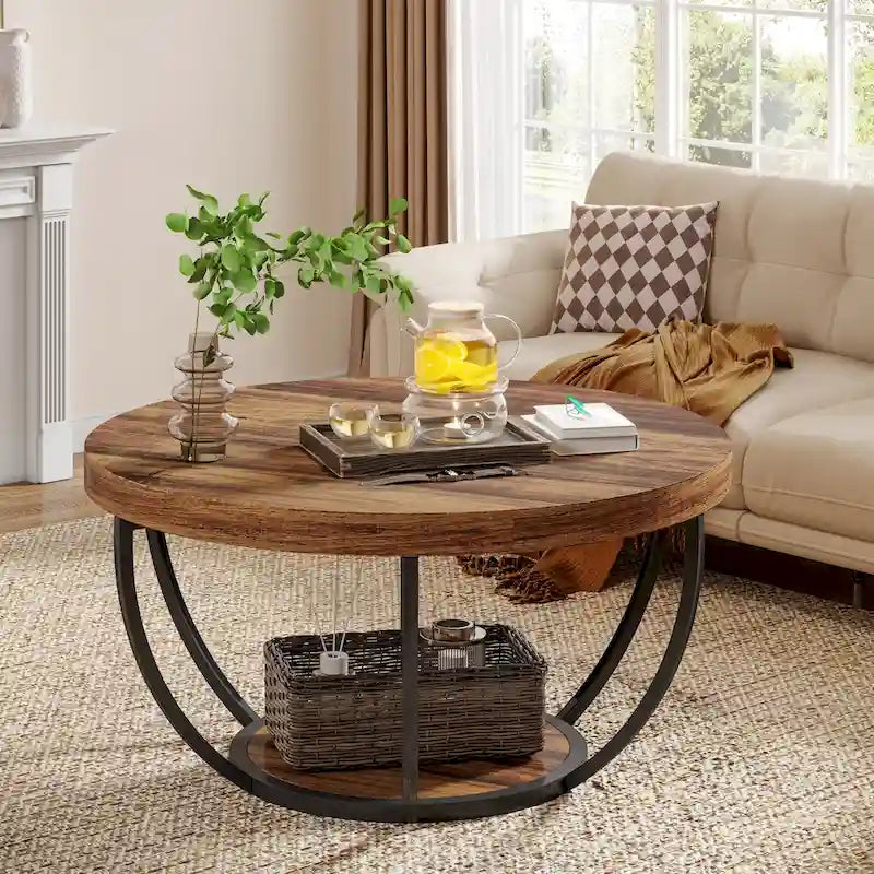 31.7 Round Coffee Table, Rustic 2-Tier Center Table with Storage Open Shelves