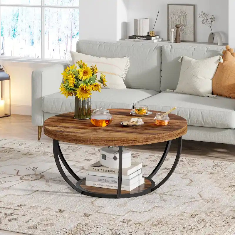 31.7 Round Coffee Table, Rustic 2-Tier Center Table with Storage Open Shelves