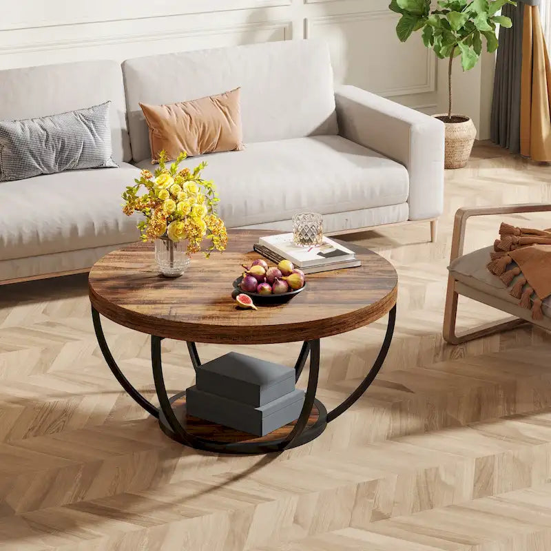 31.7 Round Coffee Table, Rustic 2-Tier Center Table with Storage Open Shelves