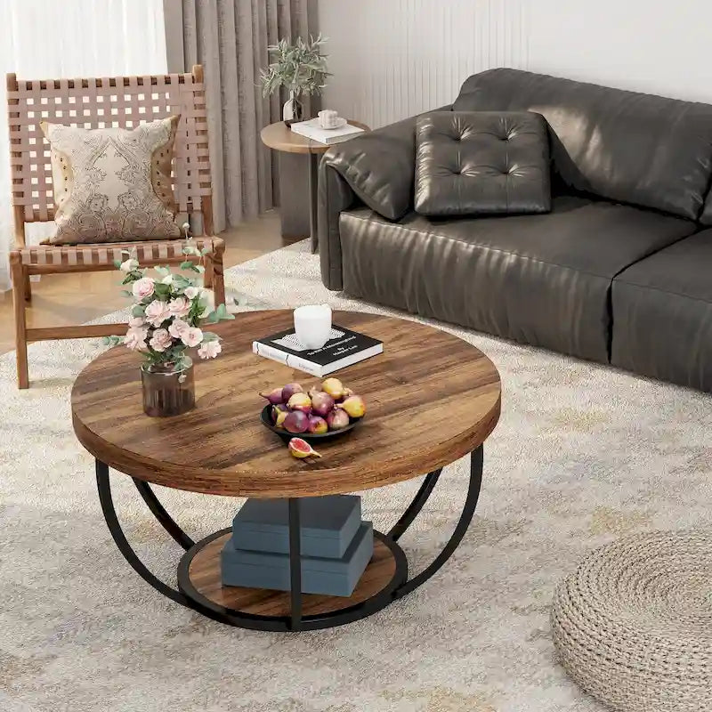 31.7 Round Coffee Table, Rustic 2-Tier Center Table with Storage Open Shelves