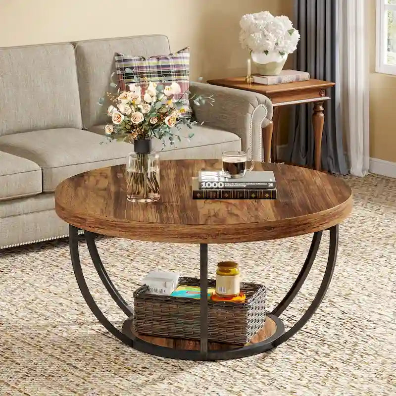 31.7 Round Coffee Table, Rustic 2-Tier Center Table with Storage Open Shelves