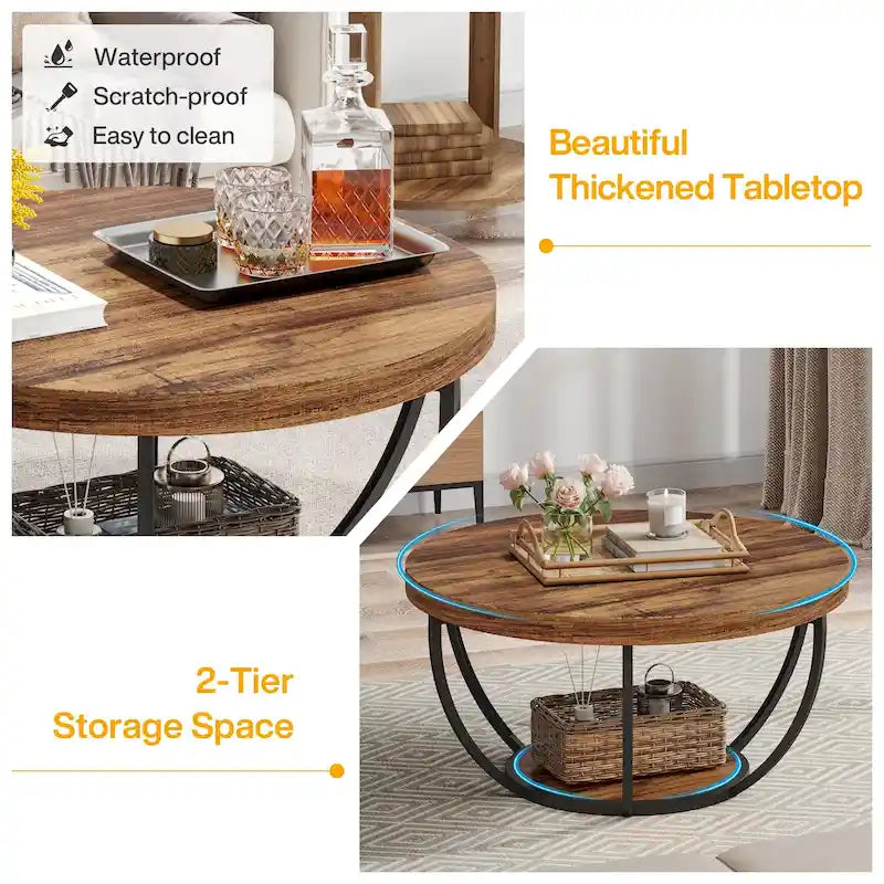 31.7 Round Coffee Table, Rustic 2-Tier Center Table with Storage Open Shelves