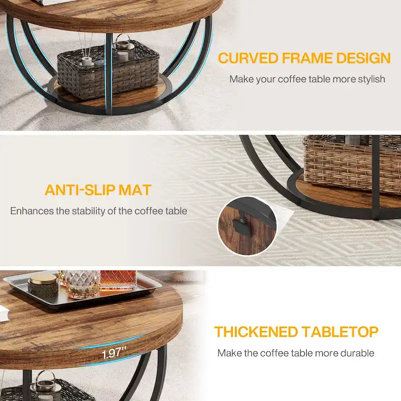 31.7 Round Coffee Table, Rustic 2-Tier Center Table with Storage Open Shelves