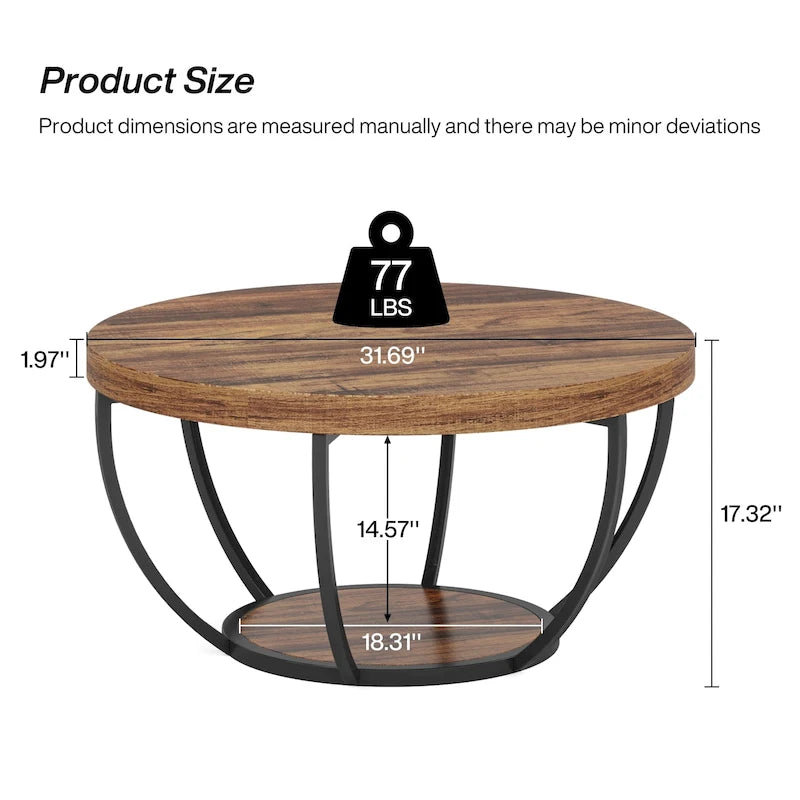 31.7 Round Coffee Table, Rustic 2-Tier Center Table with Storage Open Shelves