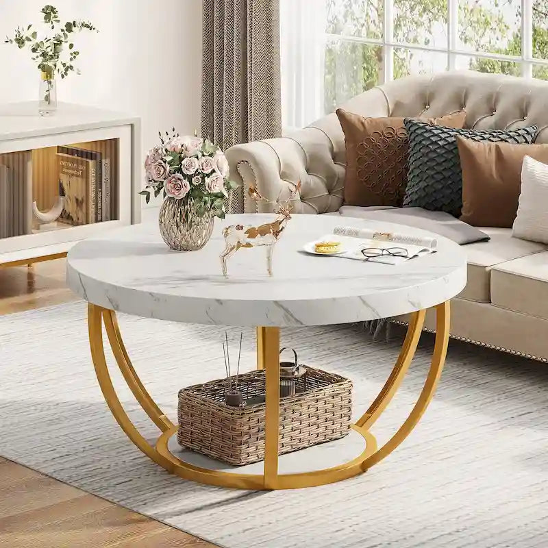 31.7 Round Coffee Table, Rustic 2-Tier Center Table with Storage Open Shelves