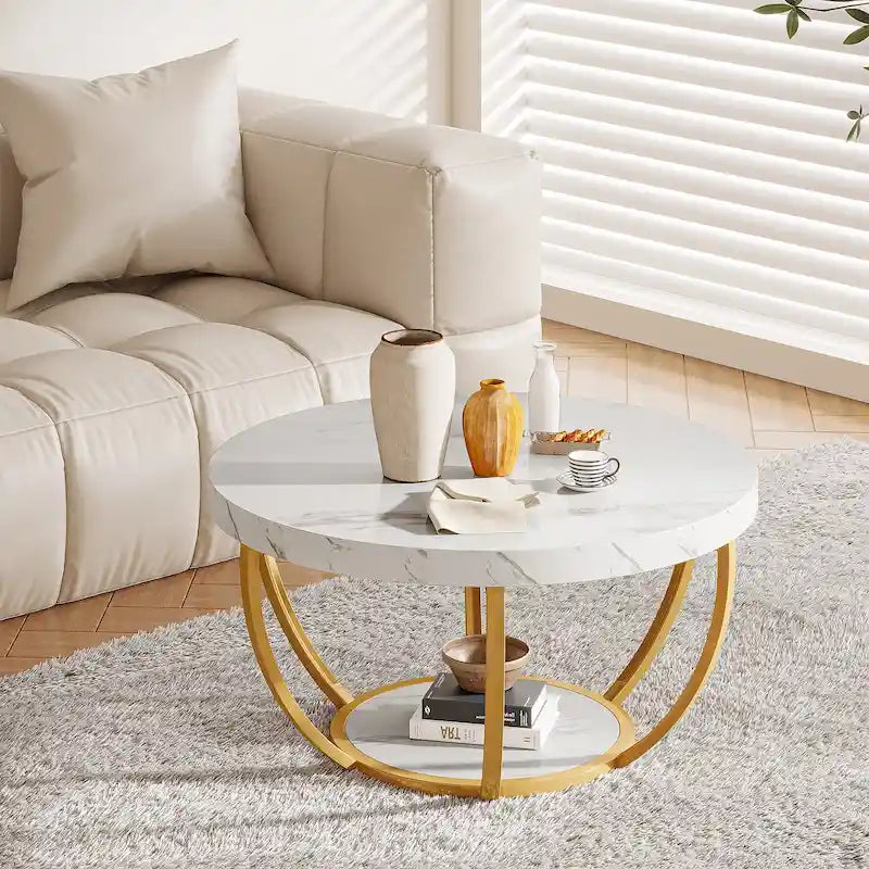 31.7 Round Coffee Table, Rustic 2-Tier Center Table with Storage Open Shelves