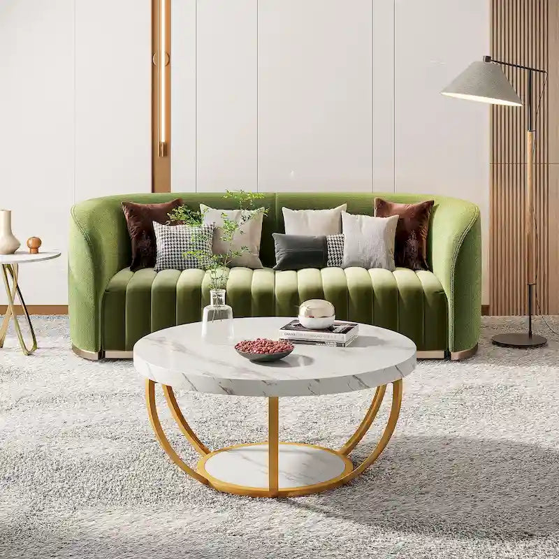 31.7 Round Coffee Table, Rustic 2-Tier Center Table with Storage Open Shelves