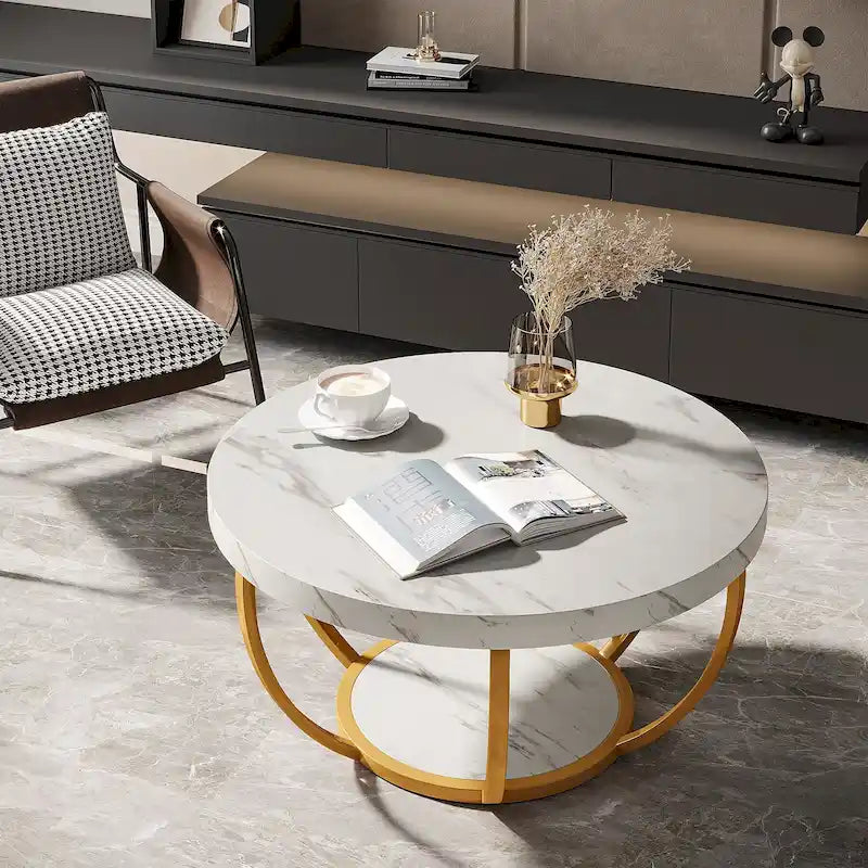 31.7 Round Coffee Table, Rustic 2-Tier Center Table with Storage Open Shelves