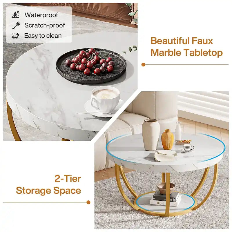 31.7 Round Coffee Table, Rustic 2-Tier Center Table with Storage Open Shelves