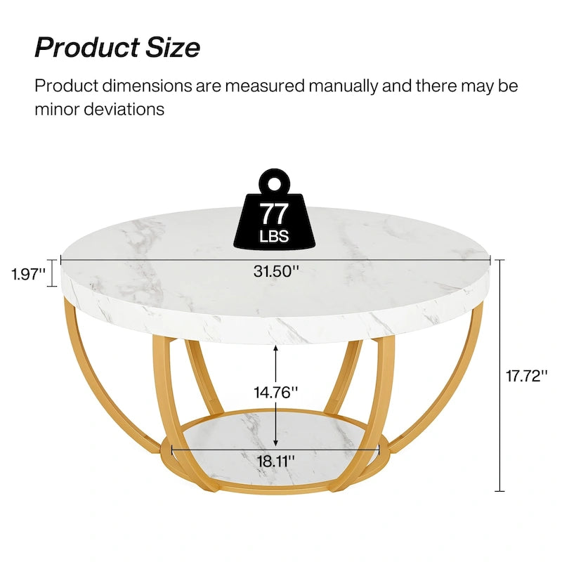 31.7 Round Coffee Table, Rustic 2-Tier Center Table with Storage Open Shelves
