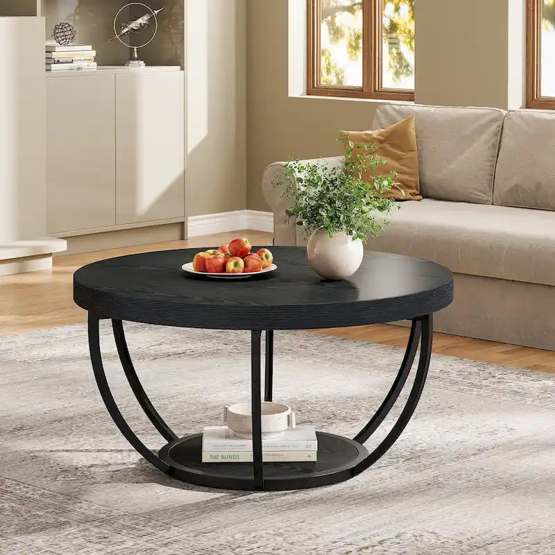 31.7 Round Coffee Table, Rustic 2-Tier Center Table with Storage Open Shelves