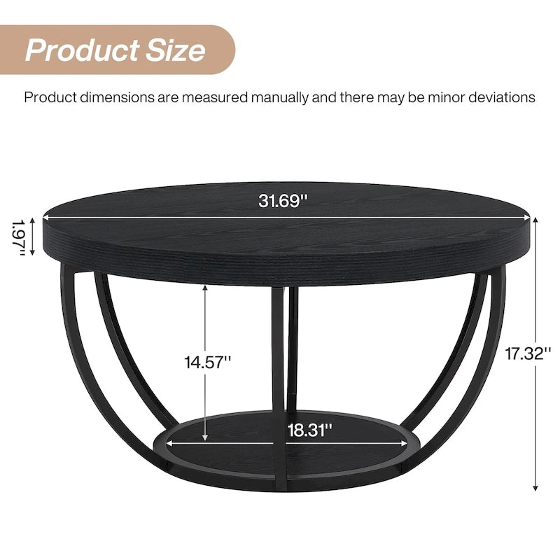 31.7 Round Coffee Table, Rustic 2-Tier Center Table with Storage Open Shelves