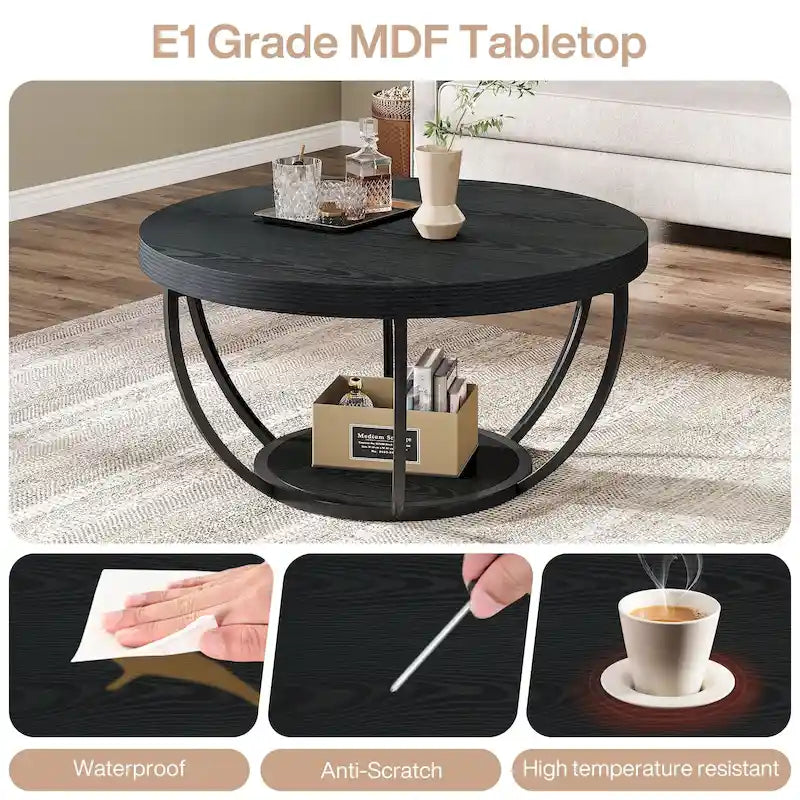 31.7 Round Coffee Table, Rustic 2-Tier Center Table with Storage Open Shelves