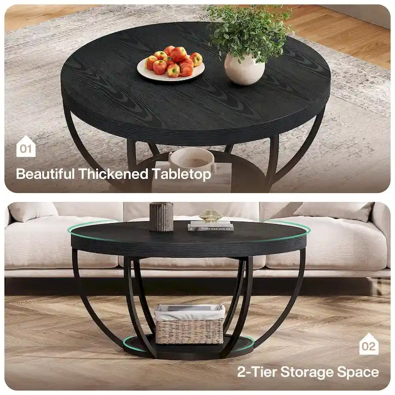 31.7 Round Coffee Table, Rustic 2-Tier Center Table with Storage Open Shelves