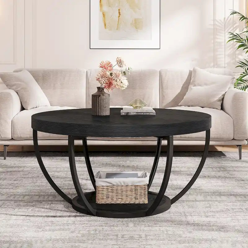 31.7 Round Coffee Table, Rustic 2-Tier Center Table with Storage Open Shelves