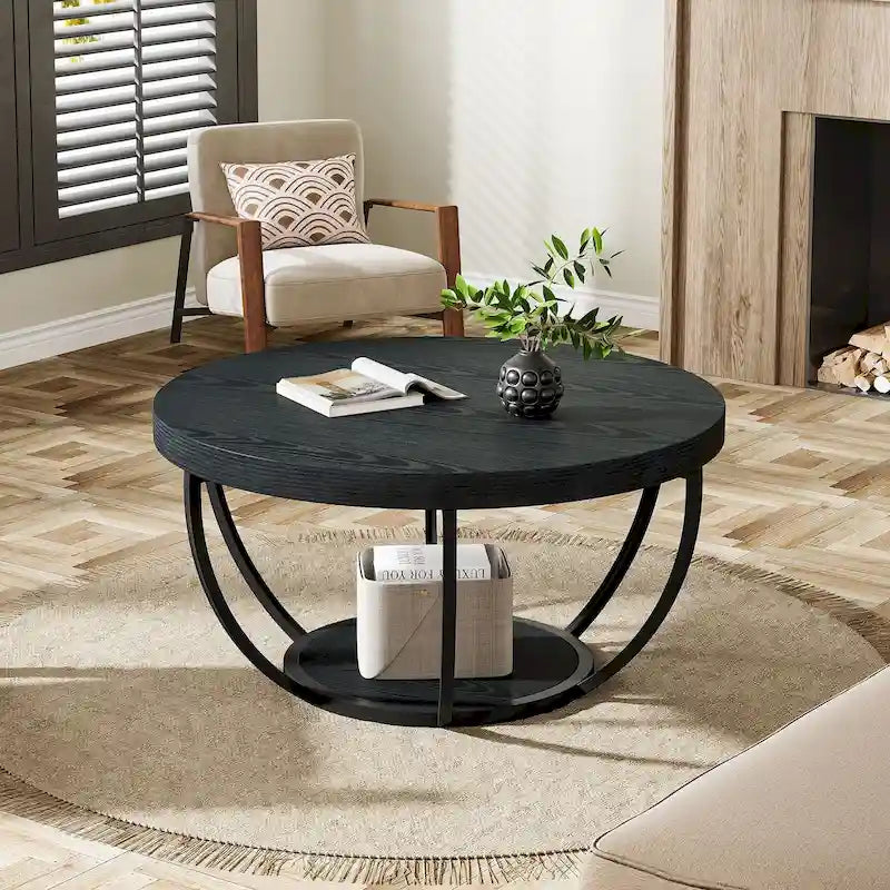 31.7 Round Coffee Table, Rustic 2-Tier Center Table with Storage Open Shelves