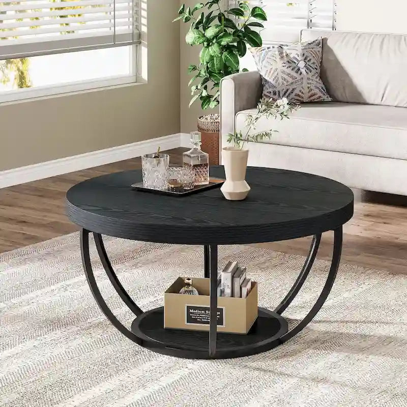 31.7 Round Coffee Table, Rustic 2-Tier Center Table with Storage Open Shelves