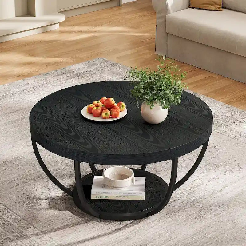 31.7 Round Coffee Table, Rustic 2-Tier Center Table with Storage Open Shelves