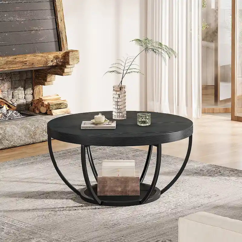 31.7 Round Coffee Table, Rustic 2-Tier Center Table with Storage Open Shelves