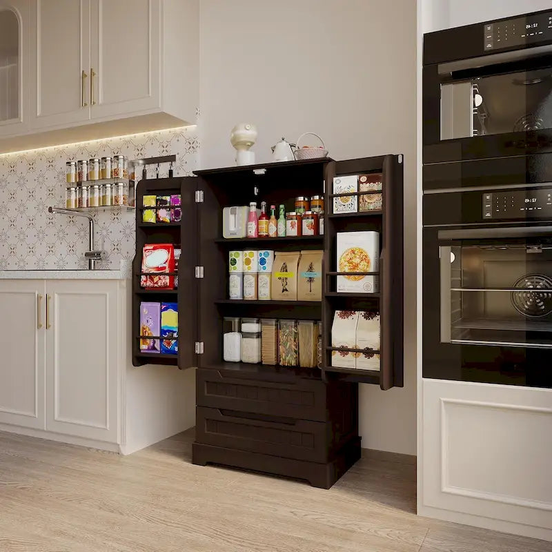Kitchen Storage Pantry Cabinet, Freestanding Bathroom Storage Cabinet with 2 Doors and Drawers