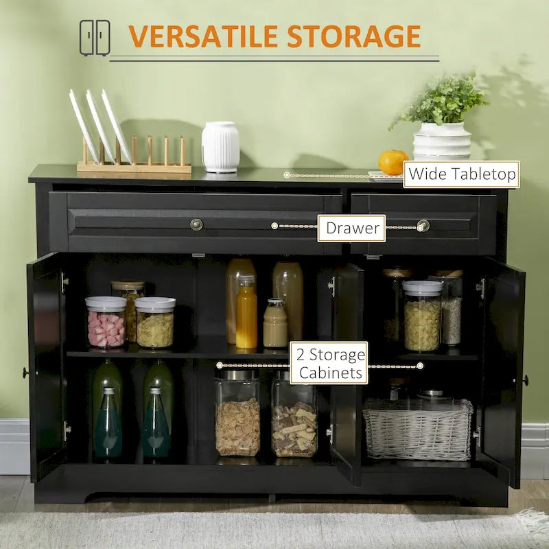 Modern Sideboard Buffet Cabinet with Storage Cupboards, 2 Drawers and Adjustable Shelves, Black
