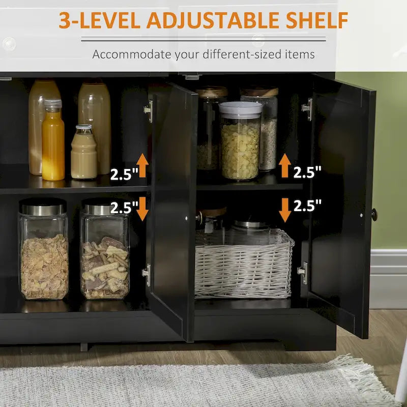 Modern Sideboard Buffet Cabinet with Storage Cupboards, 2 Drawers and Adjustable Shelves, Black