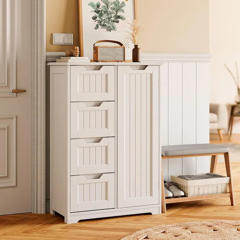 Bathroom Floor Storage Cabinet, Free-Standing Floor Storage Cabinet with 4 Draws and Adjustable Shelf
