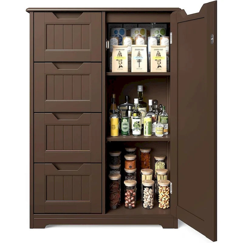 Bathroom Floor Storage Cabinet, Free-Standing Floor Storage Cabinet with 4 Draws and Adjustable Shelf