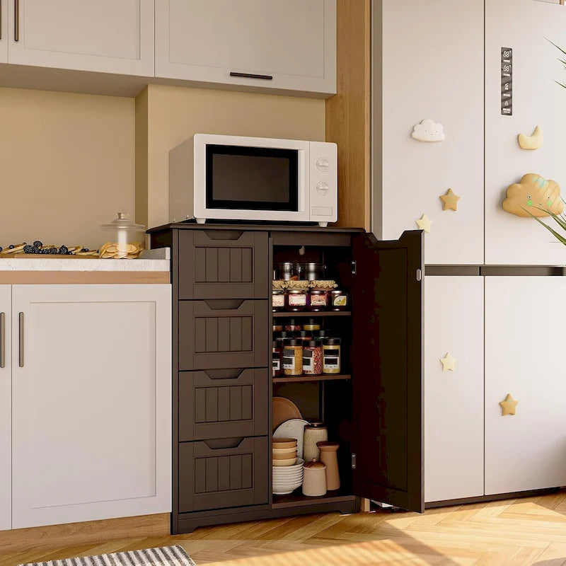 Bathroom Floor Storage Cabinet, Free-Standing Floor Storage Cabinet with 4 Draws and Adjustable Shelf