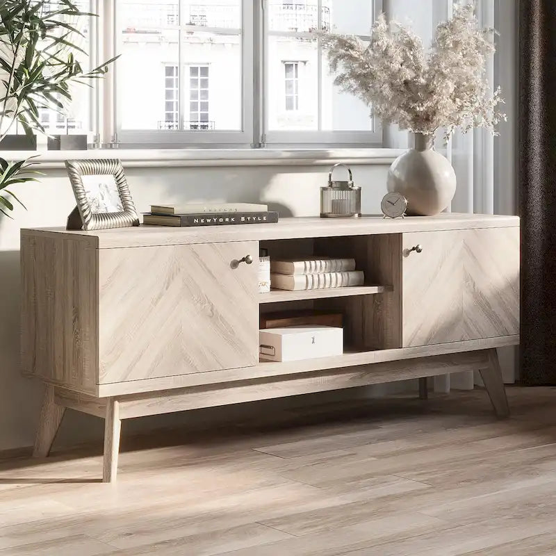 Scandi Mid-Century Modern Herringbone TV Stand for TVs up to 65 Inches with Wooden Legs