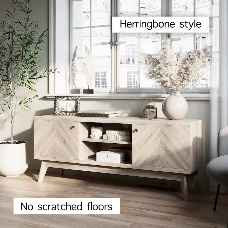 Scandi Mid-Century Modern Herringbone TV Stand for TVs up to 65 Inches with Wooden Legs