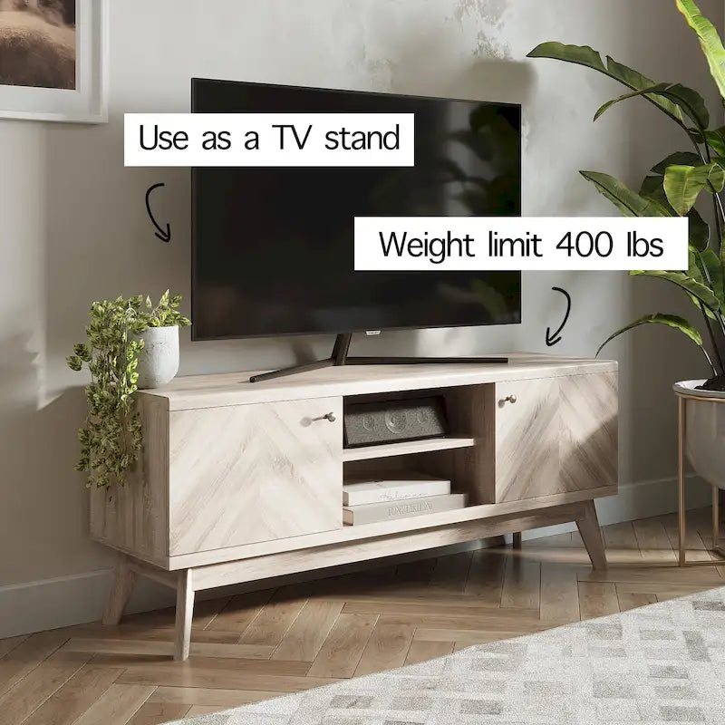 Scandi Mid-Century Modern Herringbone TV Stand for TVs up to 65 Inches with Wooden Legs