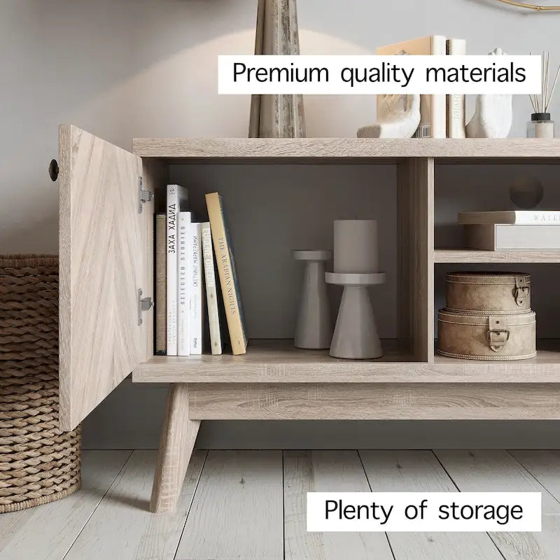 Scandi Mid-Century Modern Herringbone TV Stand for TVs up to 65 Inches with Wooden Legs