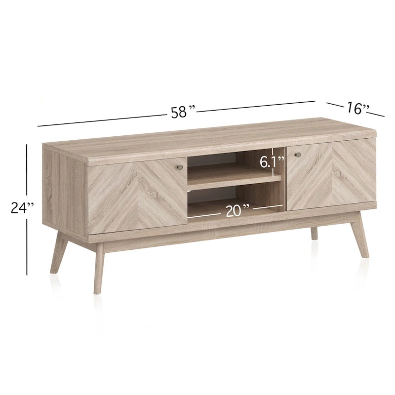 Scandi Mid-Century Modern Herringbone TV Stand for TVs up to 65 Inches with Wooden Legs
