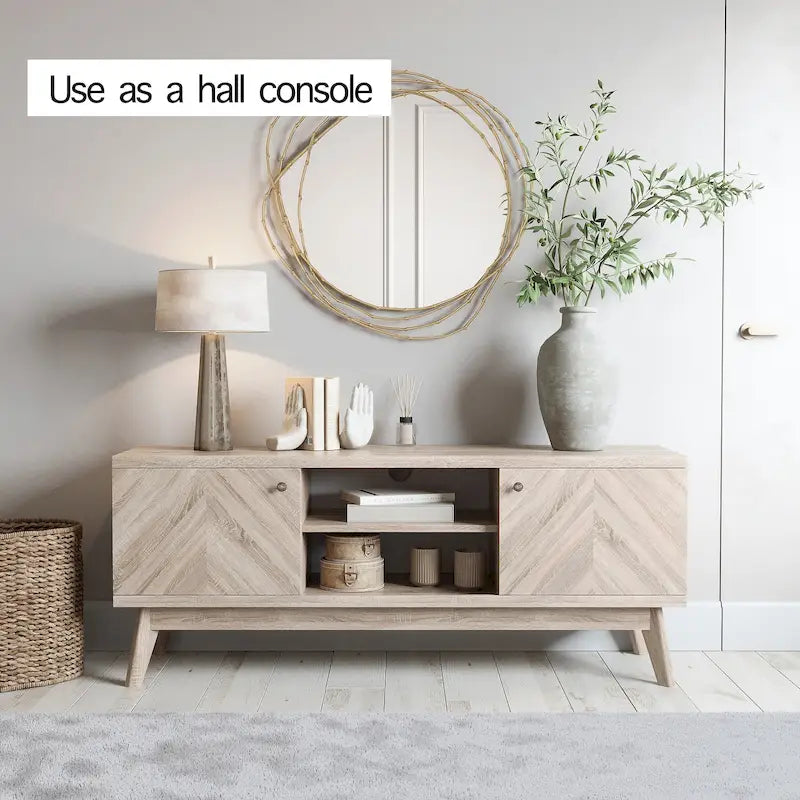 Scandi Mid-Century Modern Herringbone TV Stand for TVs up to 65 Inches with Wooden Legs
