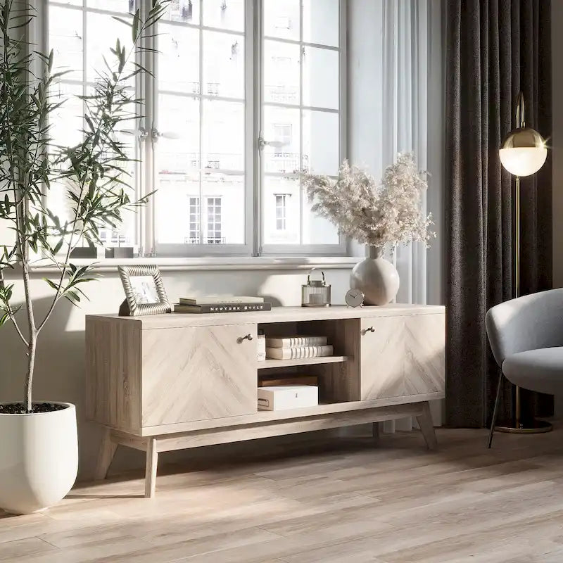 Scandi Mid-Century Modern Herringbone TV Stand for TVs up to 65 Inches with Wooden Legs