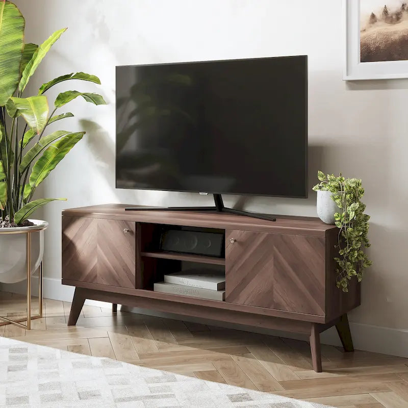 Scandi Mid-Century Modern Herringbone TV Stand for TVs up to 65 Inches with Wooden Legs