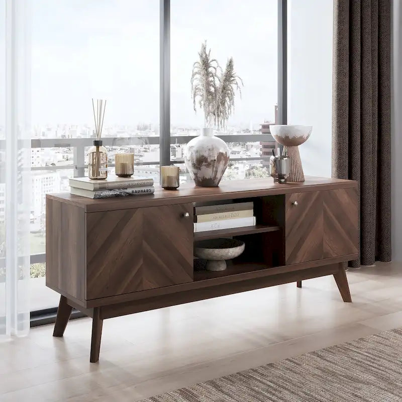 Scandi Mid-Century Modern Herringbone TV Stand for TVs up to 65 Inches with Wooden Legs